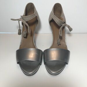 Hermes Two Tone Open Toe Closed Heel Sandal Shoes Heels Patent/Suede Leather 8